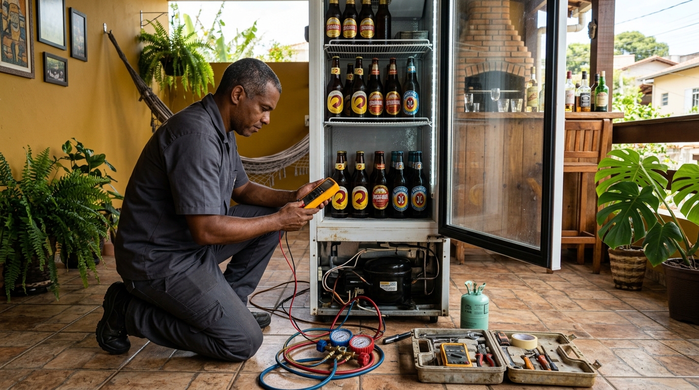 Placa eletrônica de cervejeira em reparo na bancada em Campo Grande‑MS