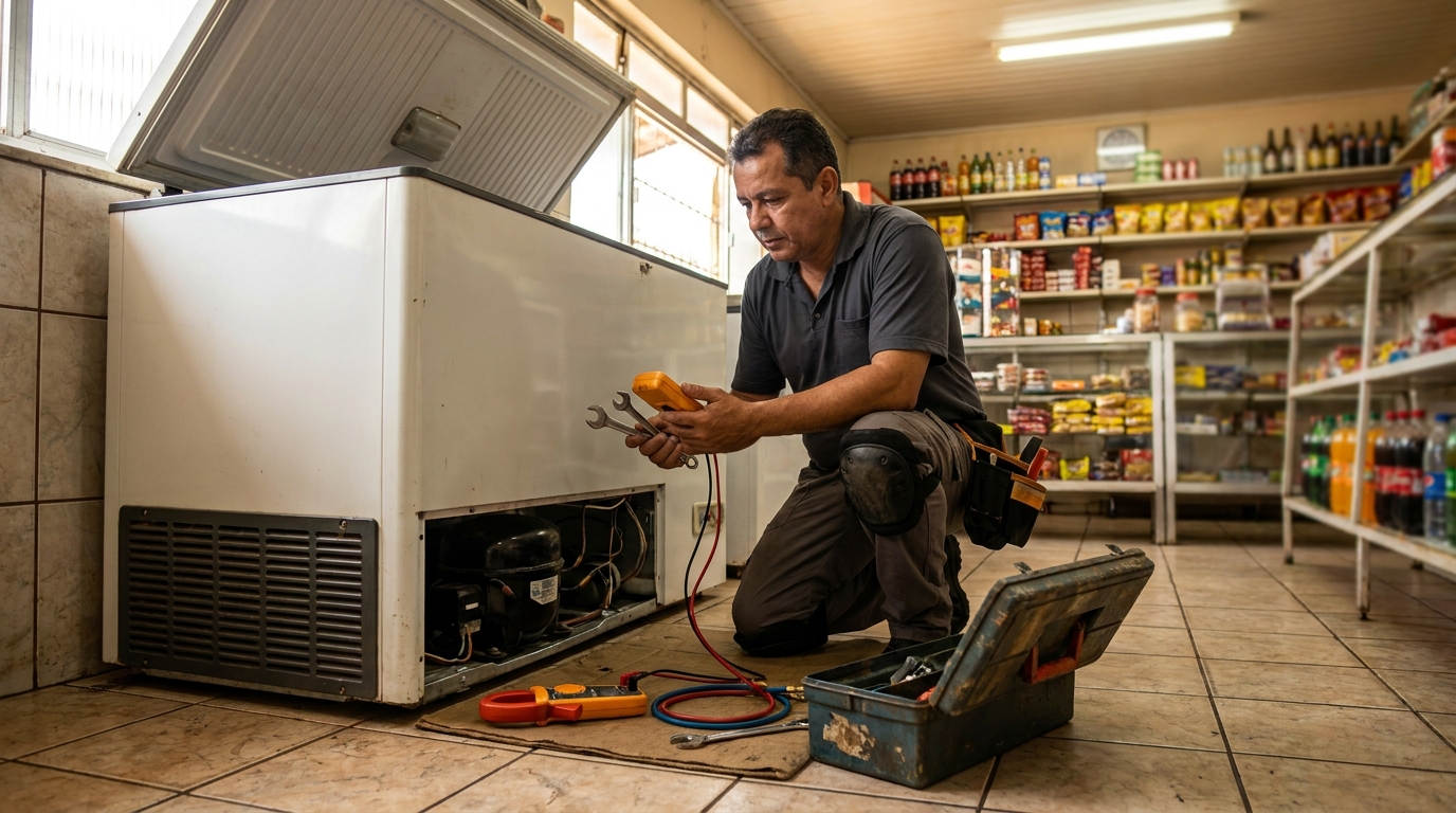 Técnico reparando o motor de um freezer horizontal em Campo Grande‑MS