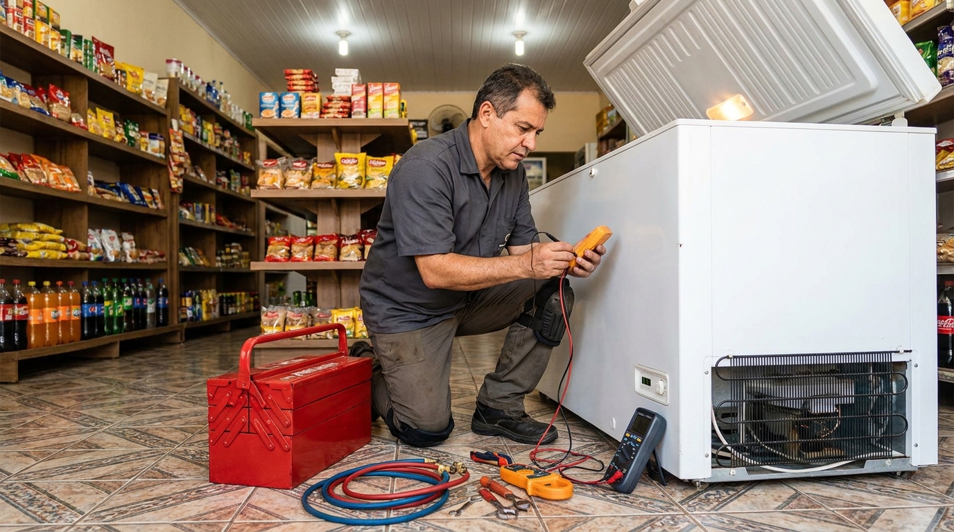 Manômetro conectado ao circuito durante recarga de gás de freezer em Campo Grande‑MS