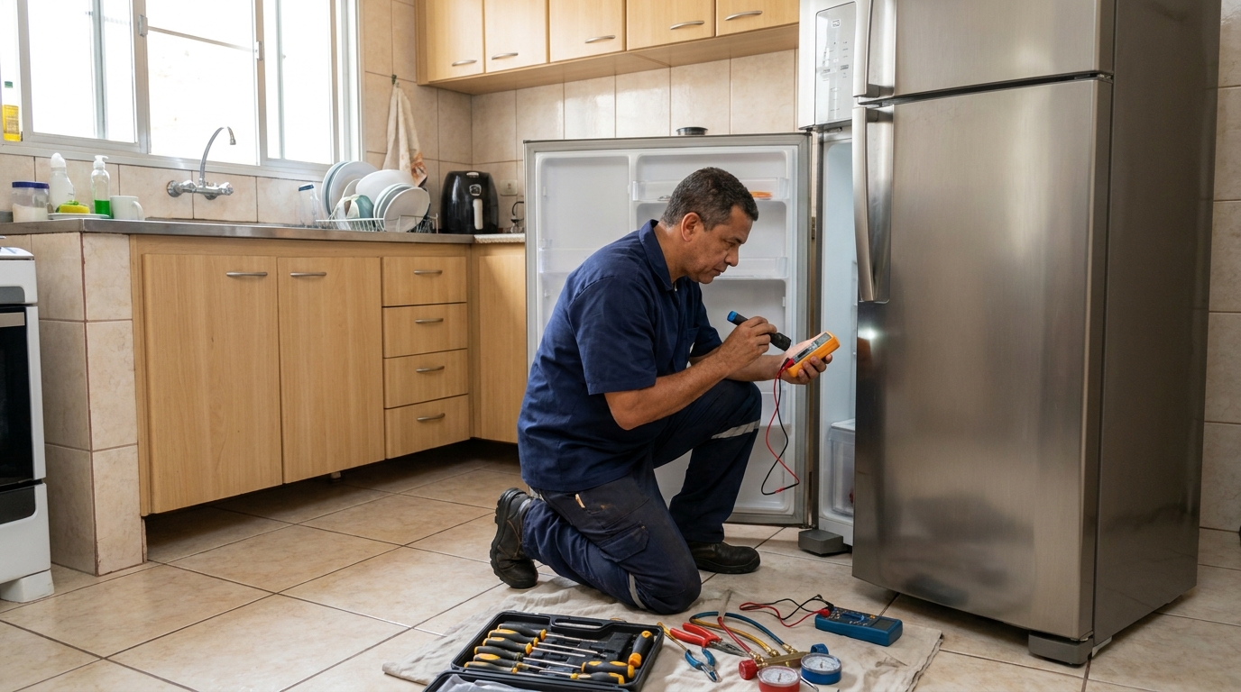Técnico fazendo recarga de gás em geladeira de cliente em Campo Grande‑MS