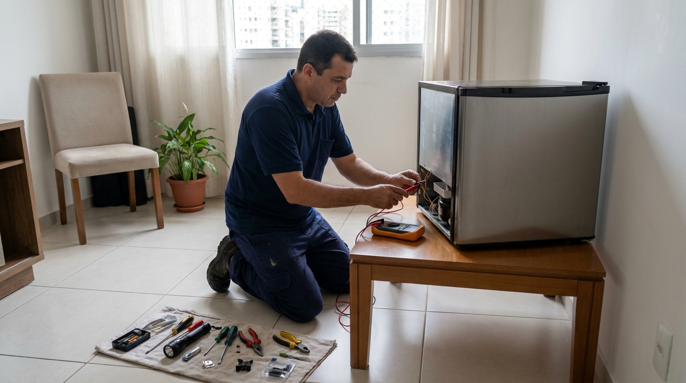 Técnico avaliando um frigobar compacto durante atendimento em Campo Grande‑MS